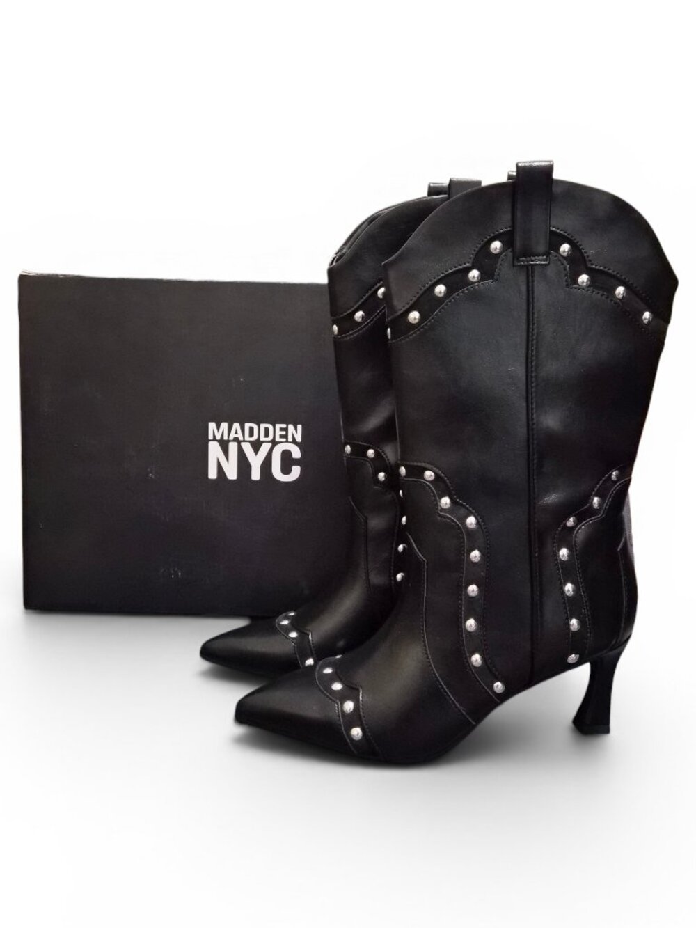 NIB Madden NYC Women's Studded Kitten Heel Boots Western Style Size 8-11 Black - Picture 1 of 8
